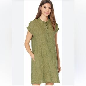 Eileen Fisher Teal band collar linen dress Sz XS